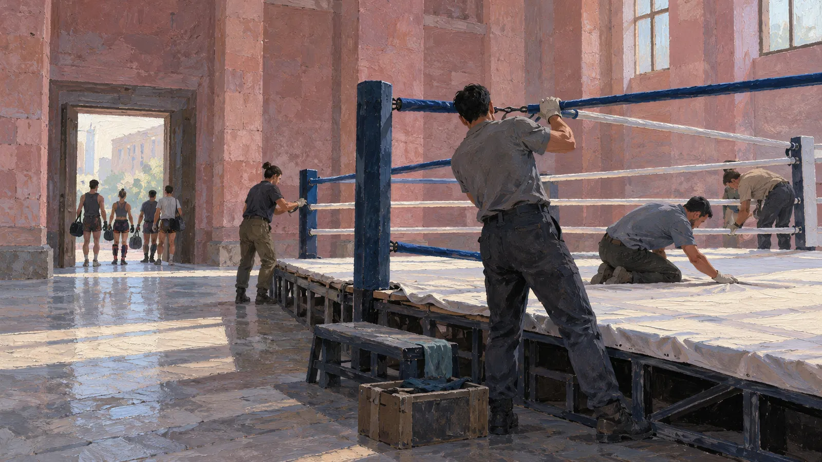 A painterly scene of workers adjusting the ropes and canvas of a boxing ring in a sunlit pink hall, while four people carrying bags walk through a doorway. SI illustration