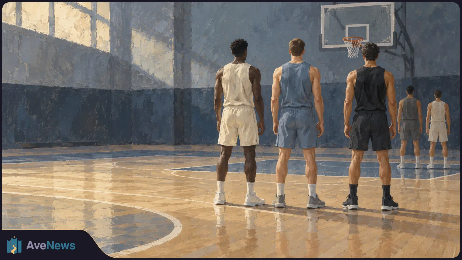 Painterly illustration of five basketball players seen from behind on an indoor court, facing a hoop. Sunlight enters through high windows and reflects off the floor. SI illustration