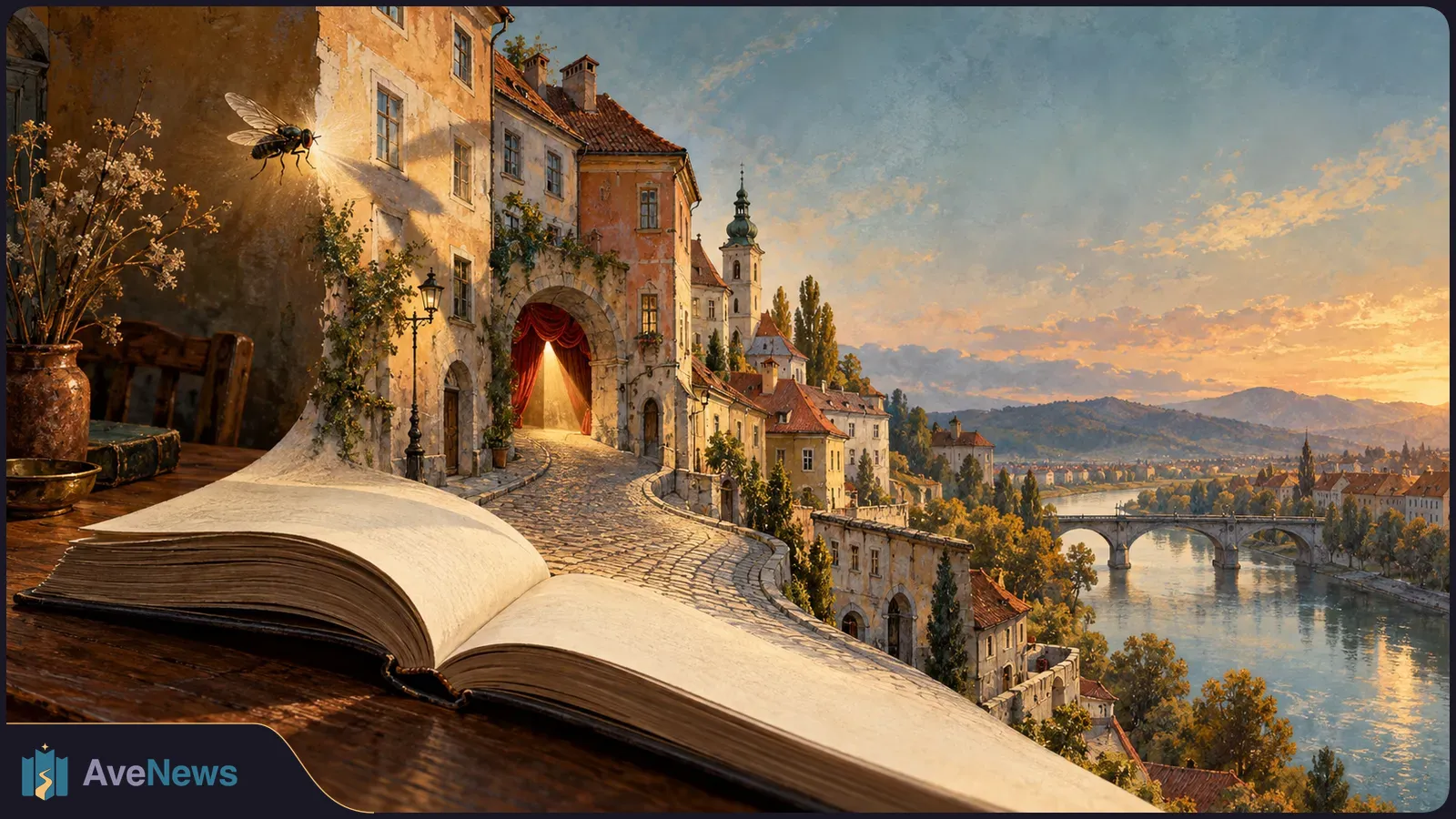 An open book blends into a cobbled street winding past old buildings and a red-curtained arch toward a riverside bridge at sunset; a fly hovers nearby. SI illustration