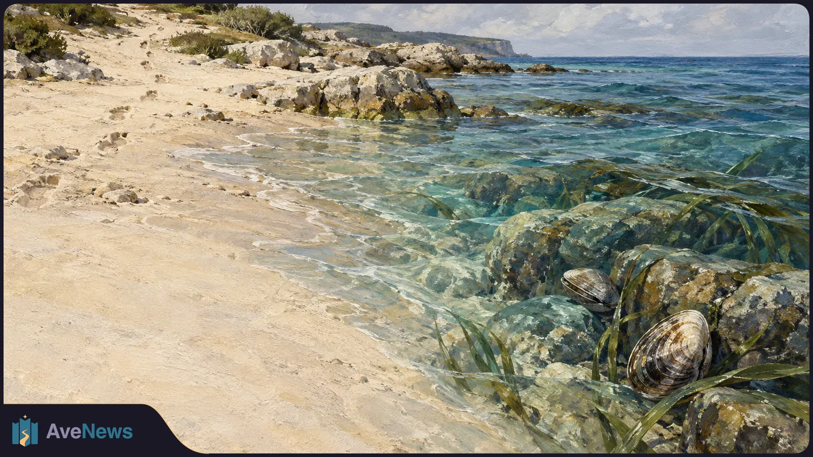 Painterly coastal scene with shallow blue water washing over rocks and sea grass; two clam shells rest among the rocks beside a pale sandy shore. SI illustration