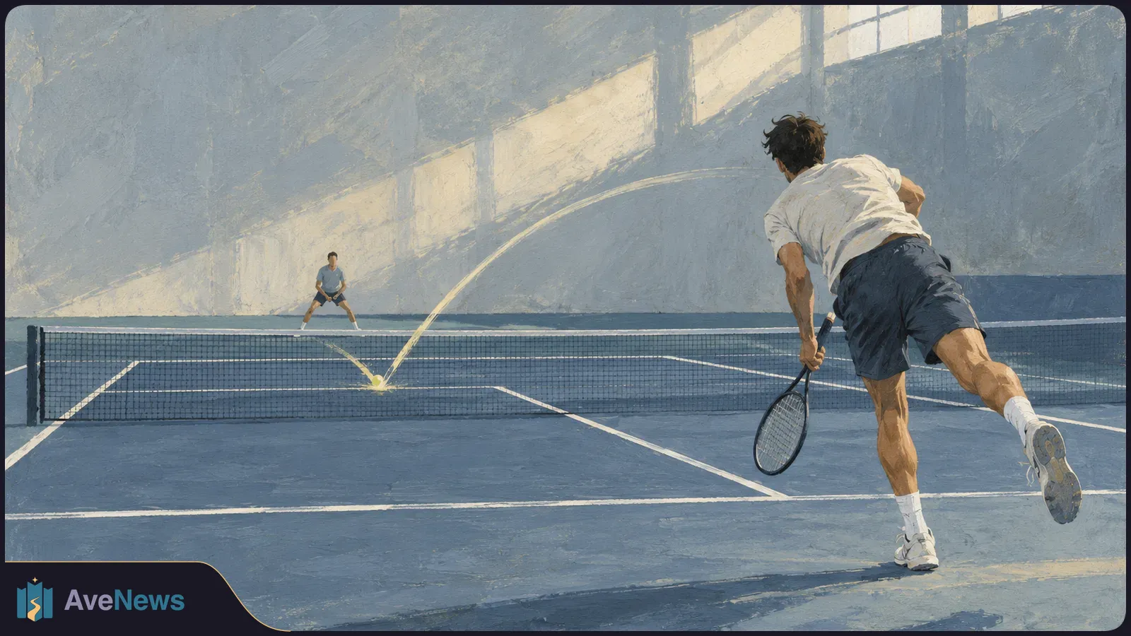Painted scene of two tennis players on a blue indoor court; the nearer player swings a racket as a yellow ball arcs over the net. SI illustration