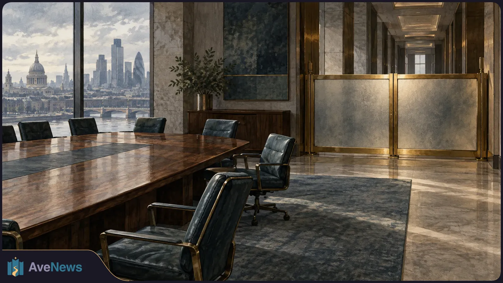 Painted empty boardroom with a long wooden table, dark chairs and marble walls; a London skyline is visible through tall windows. SI illustration