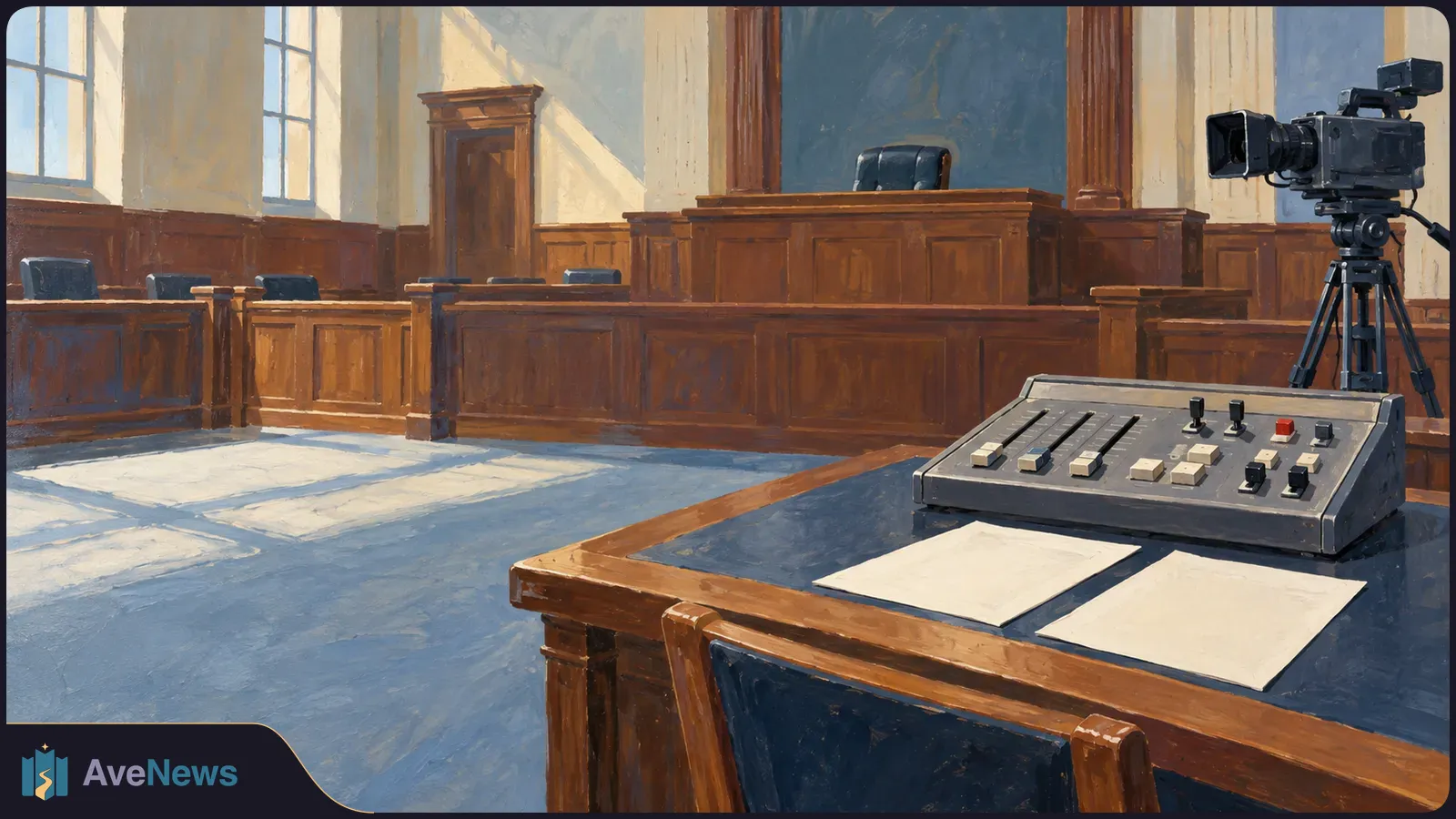 An empty wood-paneled courtroom with a video camera on a tripod. An audio mixing console and two blank sheets of paper sit in the foreground. SI illustration