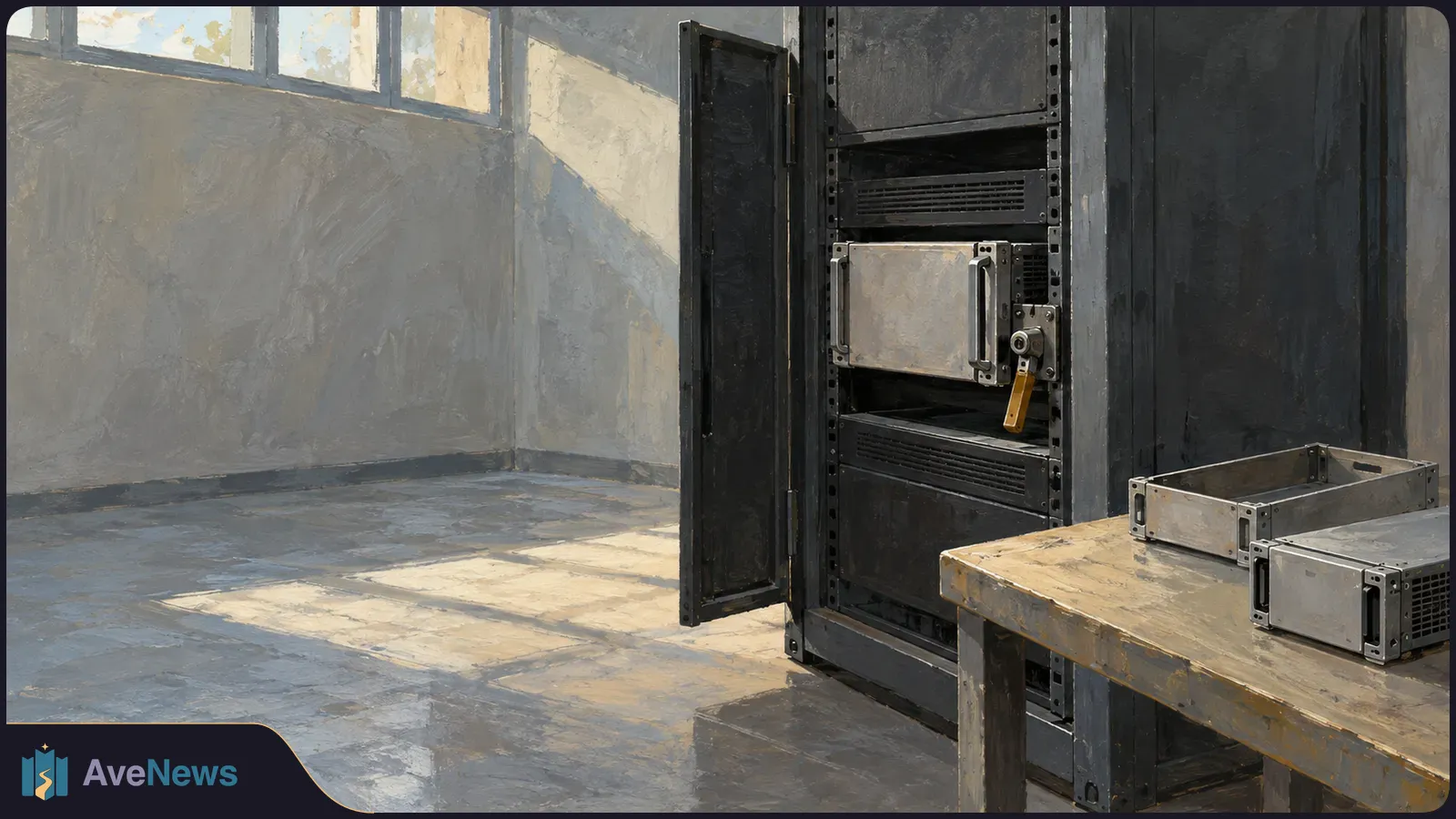 Painted scene of an open server rack in a sunlit room, with a metal tray and a rack-mounted unit on a wooden table beside it. SI illustration