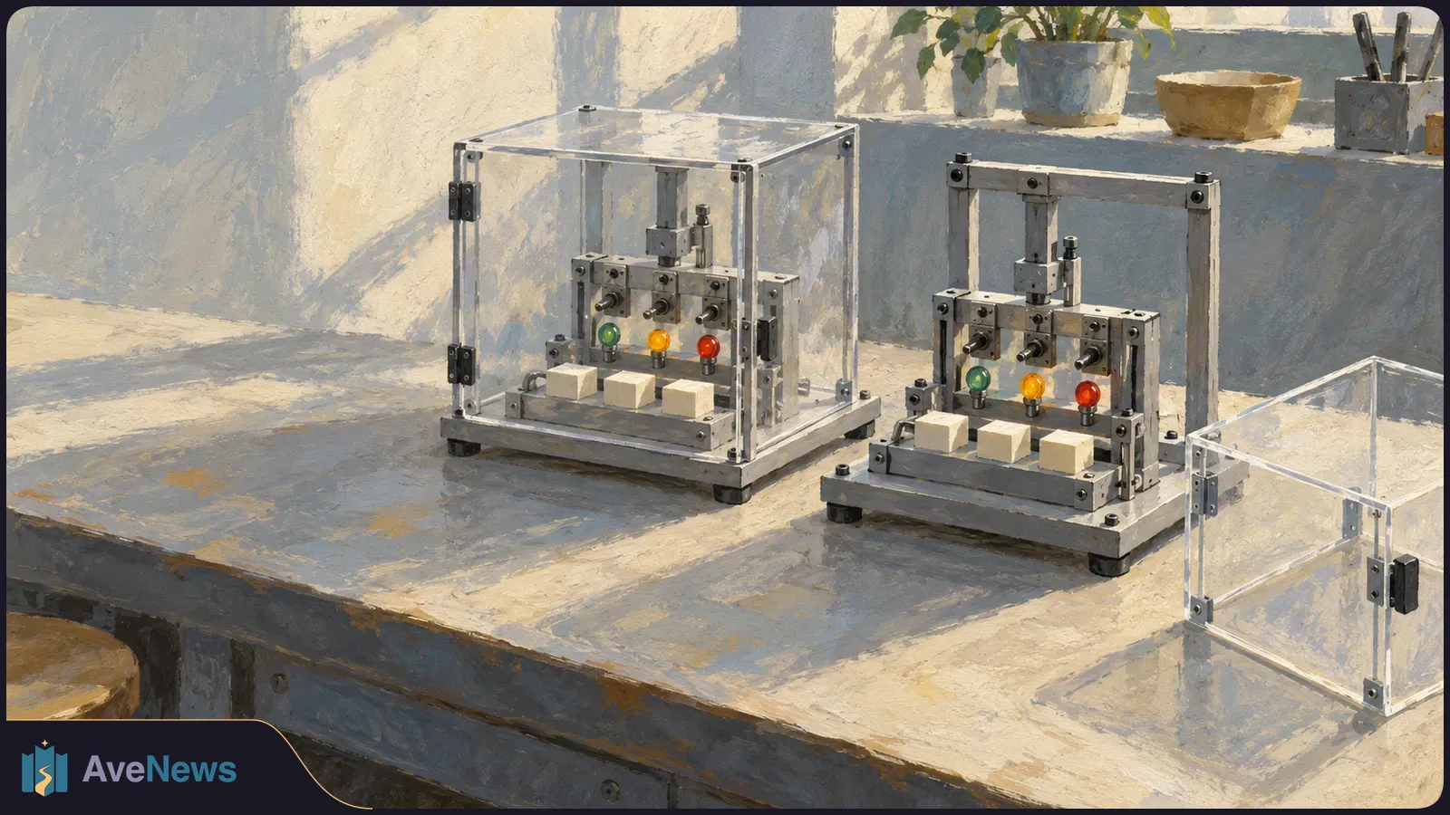 Painted workshop scene with two similar test rigs: one inside a clear case, the other exposed, with a detached clear cover beside it. SI illustration