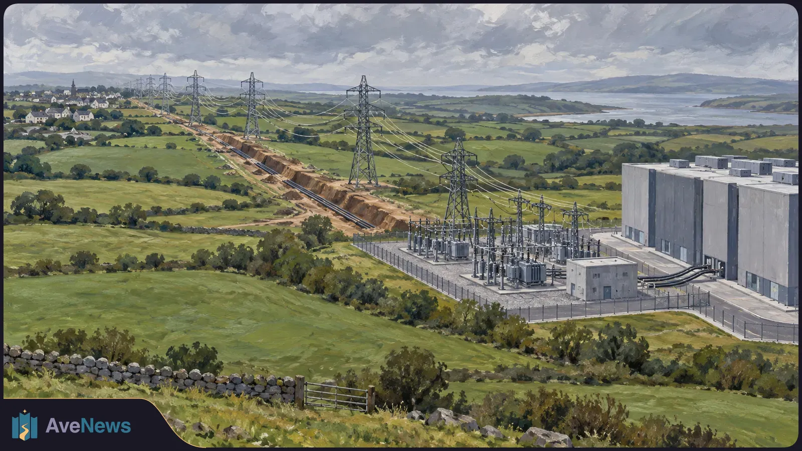 Painted view of power lines crossing green fields toward a substation and a large grey building, with a village and water in the distance. SI illustration