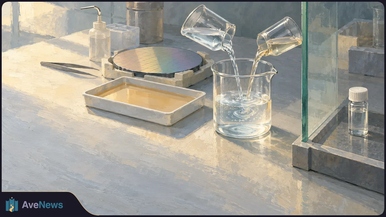 A painted laboratory scene shows two liquids pouring into a glass beaker beside a patterned silicon wafer and a shallow tray. SI illustration