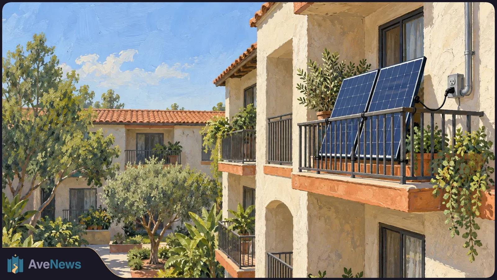 Painted view of two solar panels mounted on a balcony, with a cable plugged into a wall outlet. Stucco buildings and trees fill the sunny courtyard. SI illustration