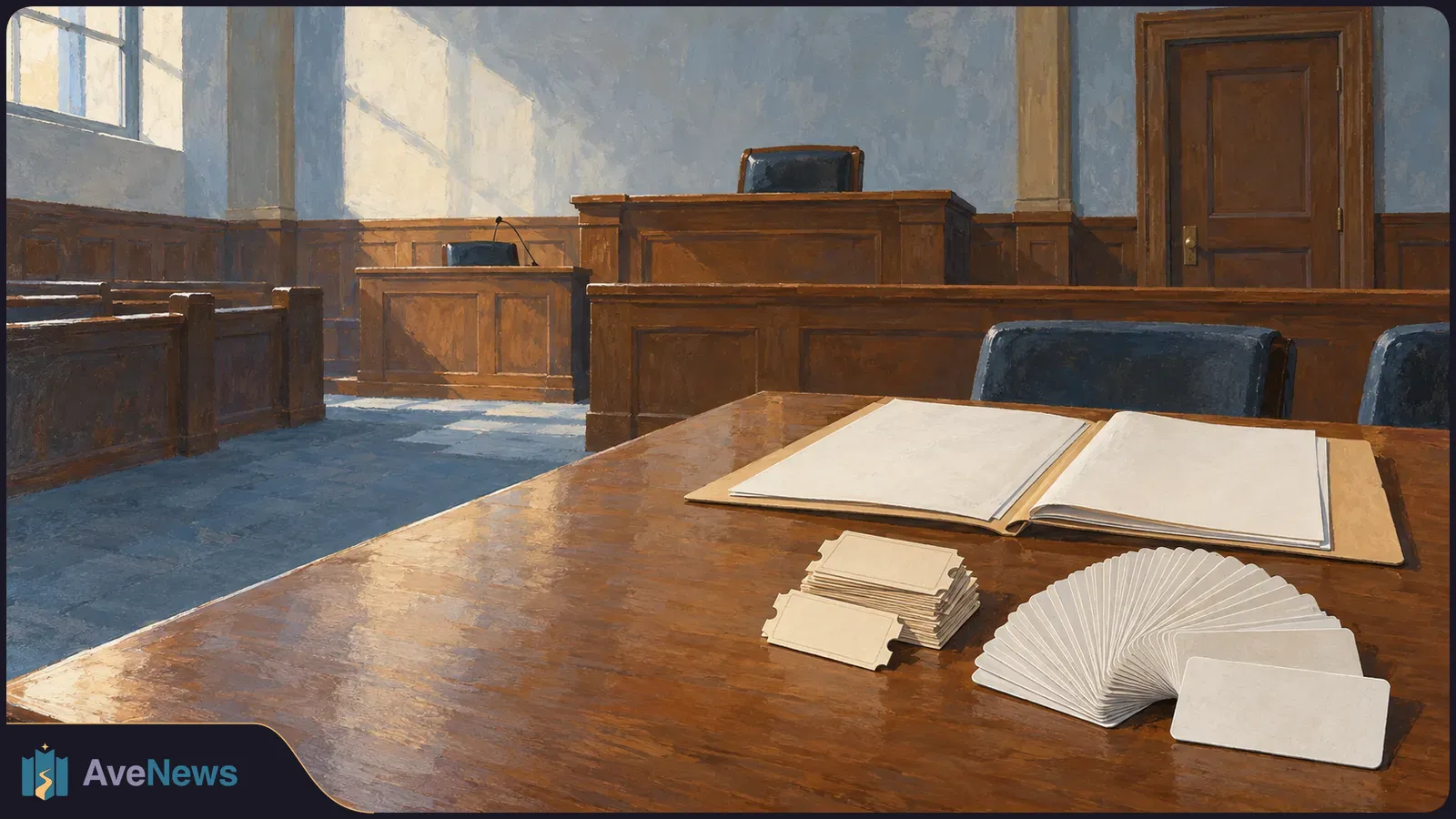 An illustrated empty courtroom with an open blank book, a stack of ticket-shaped cards and a fan of white cards on a wooden table. SI illustration