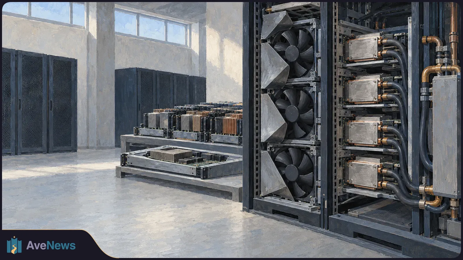 Illustration of server modules beside a rack with large fans, metal cooling blocks and pipes in a bright equipment room. SI illustration