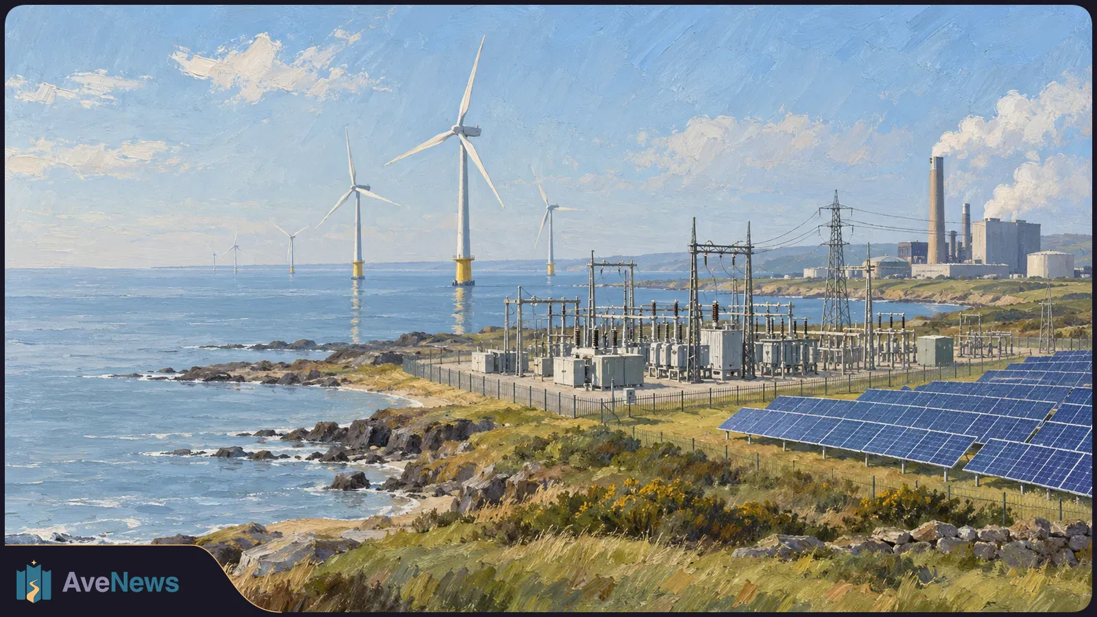 Painted coastal scene with offshore wind turbines, solar panels and an electrical substation; a power plant’s smokestacks rise in the distance. SI illustration