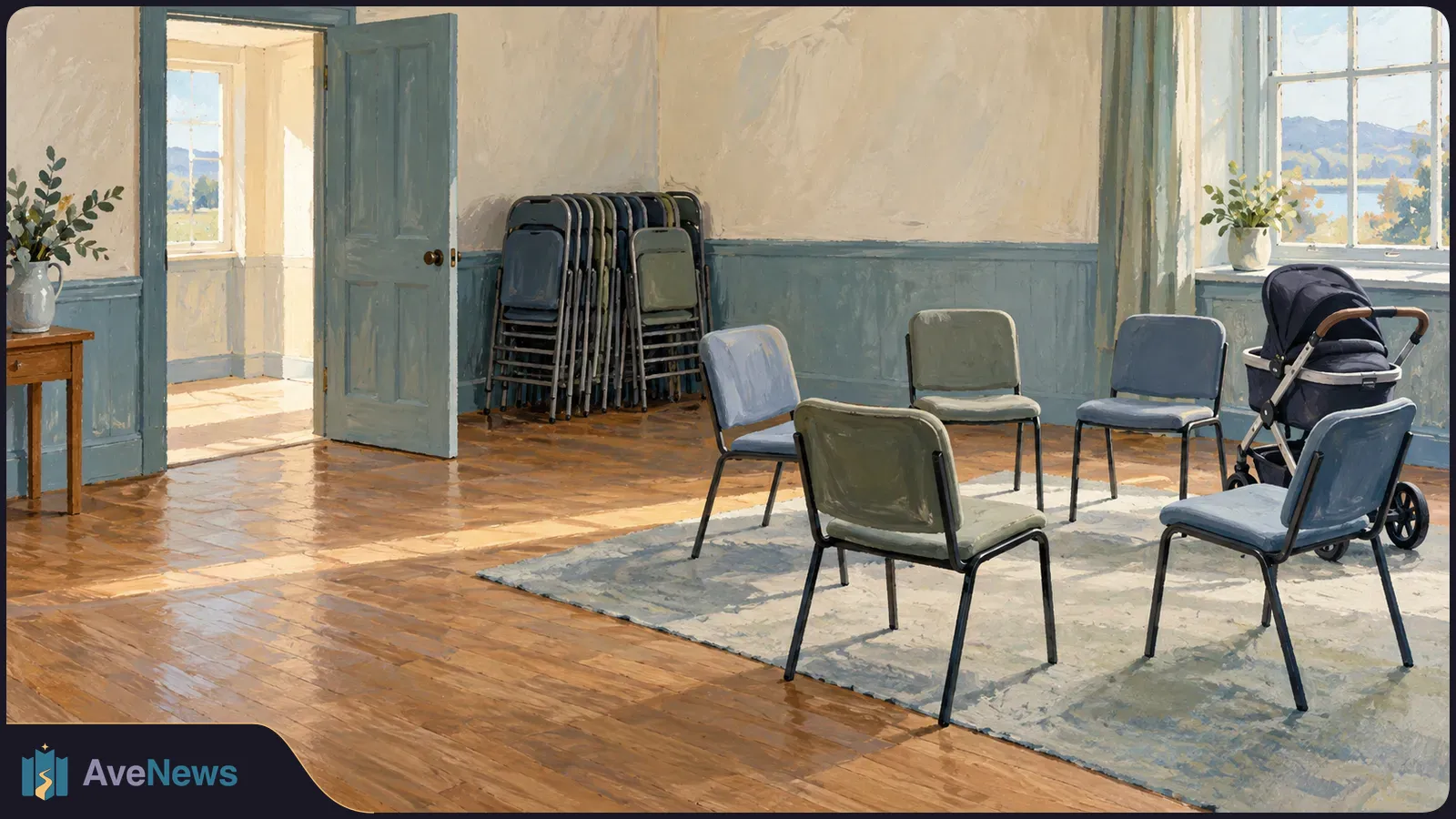 A painted, sunlit room with five chairs arranged in a circle beside an empty stroller; stacked chairs and an open door are behind them. SI illustration