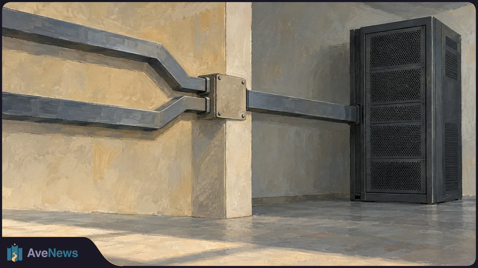 Painted illustration of a black server cabinet connected by gray conduits to a wall junction box in a bare, sunlit room. SI illustration