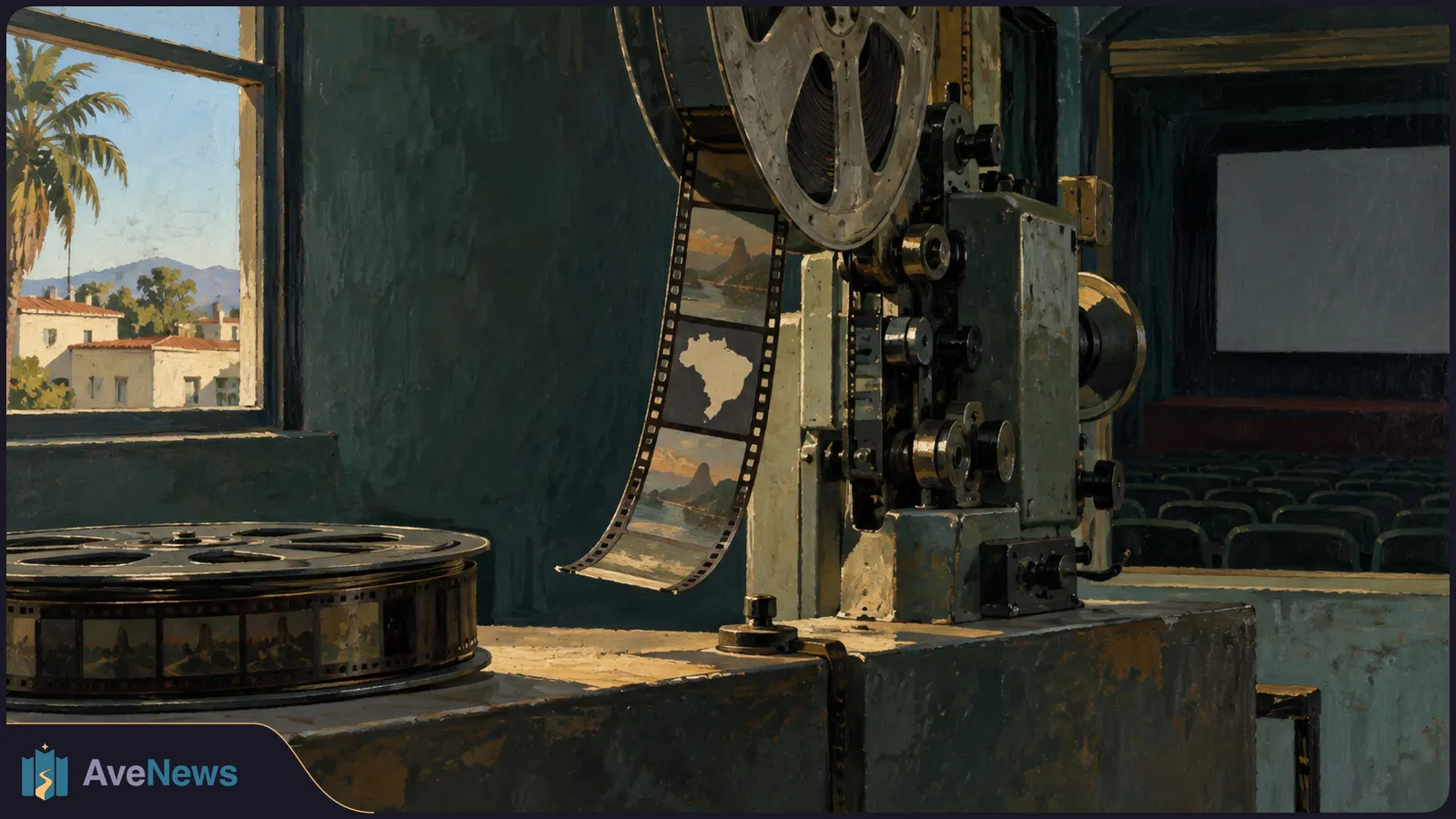A painted film projector and hanging filmstrip with a Brazil-shaped frame face an empty cinema. A palm tree and buildings are visible through a window. SI illustration