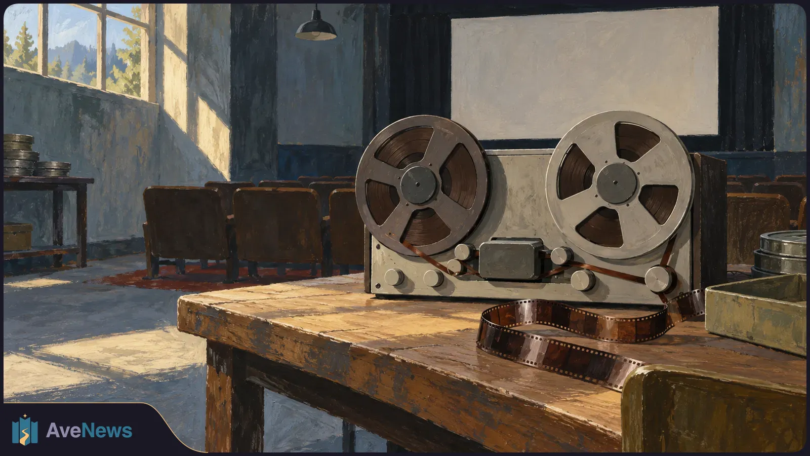 Painted cinema interior with a reel-to-reel film projector and loose film on a wooden table, facing rows of seats and a blank screen. SI illustration