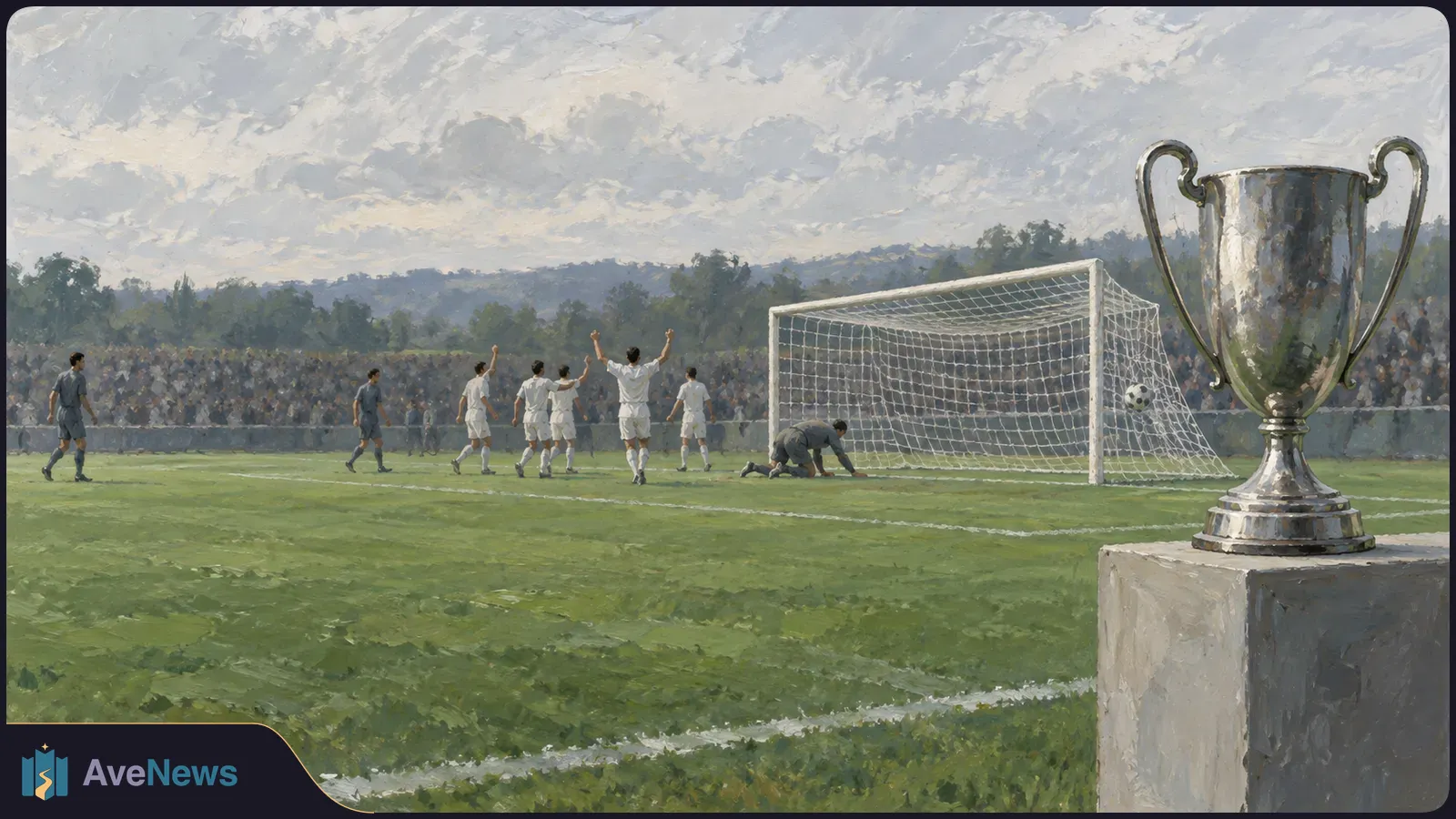 Painted football scene: players in white celebrate beside a goal, a goalkeeper kneels near the net, and a large silver trophy stands in the foreground. SI illustration