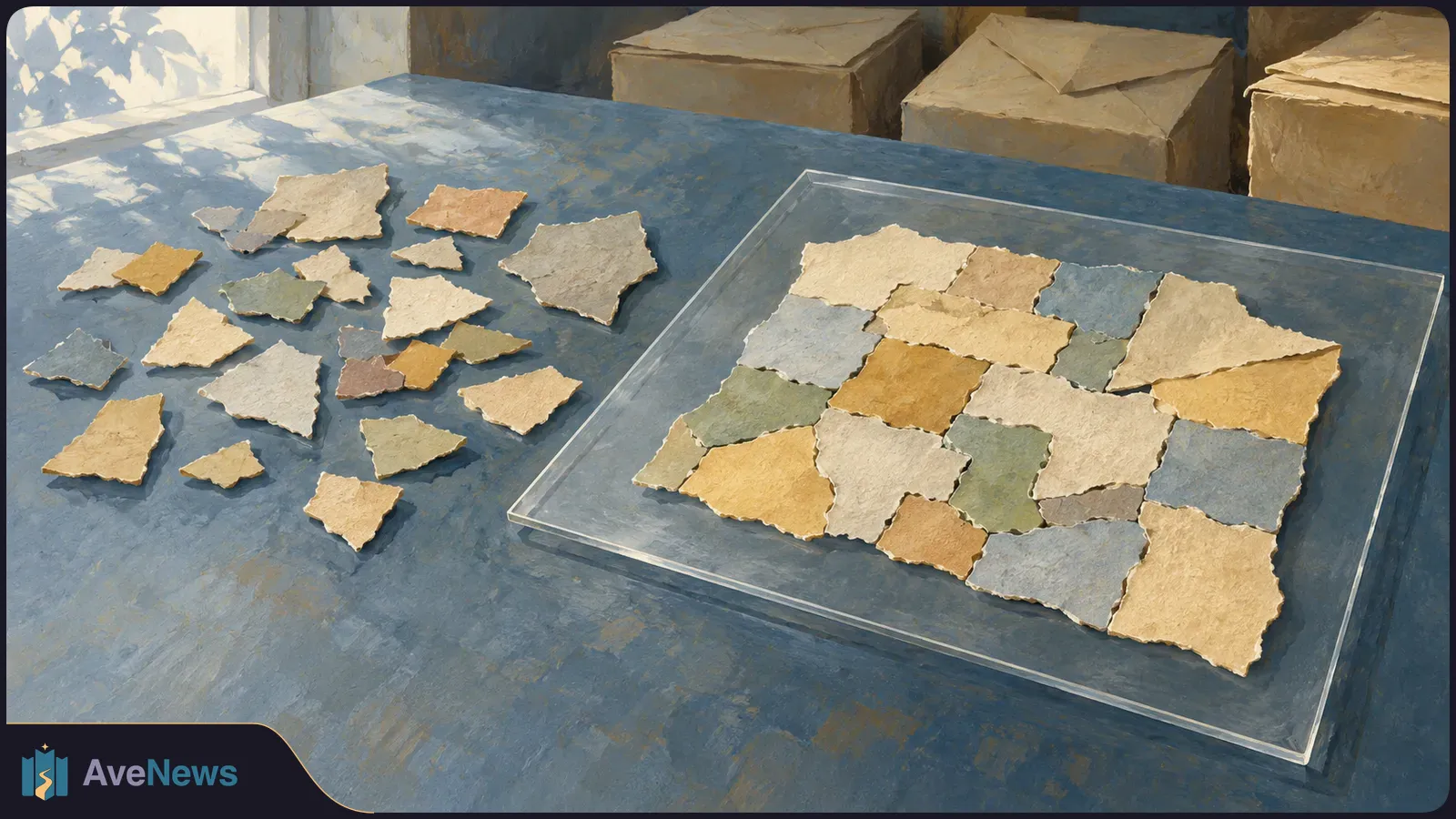 An illustration of torn paper pieces in muted colors, some arranged together on a clear tray and others scattered across a blue tabletop. Cardboard boxes sit behind them. SI illustration