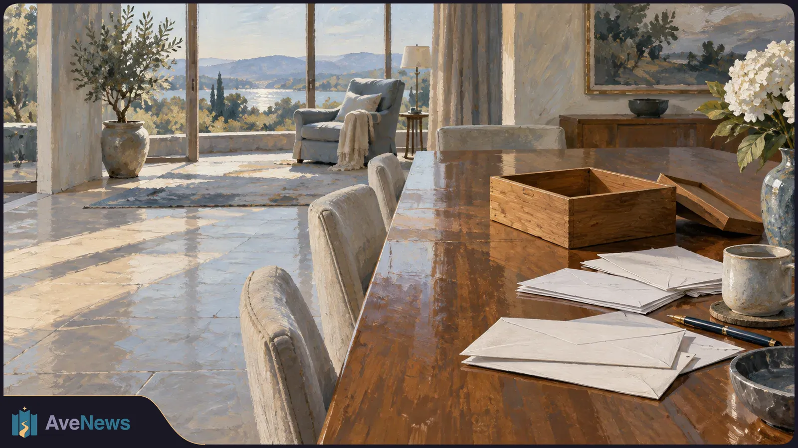 Painterly sunlit room with envelopes, loose papers, an open wooden box and a mug on a dining table; an armchair sits by windows overlooking a landscape. SI illustration