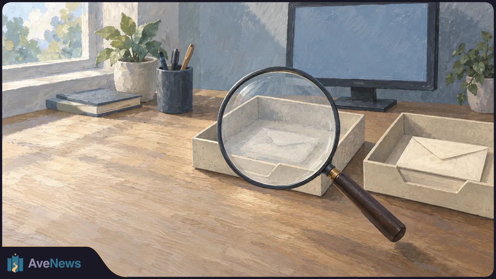 Painterly desk with a magnifying glass over an empty tray, an envelope in a second tray, and a blank computer monitor. SI illustration