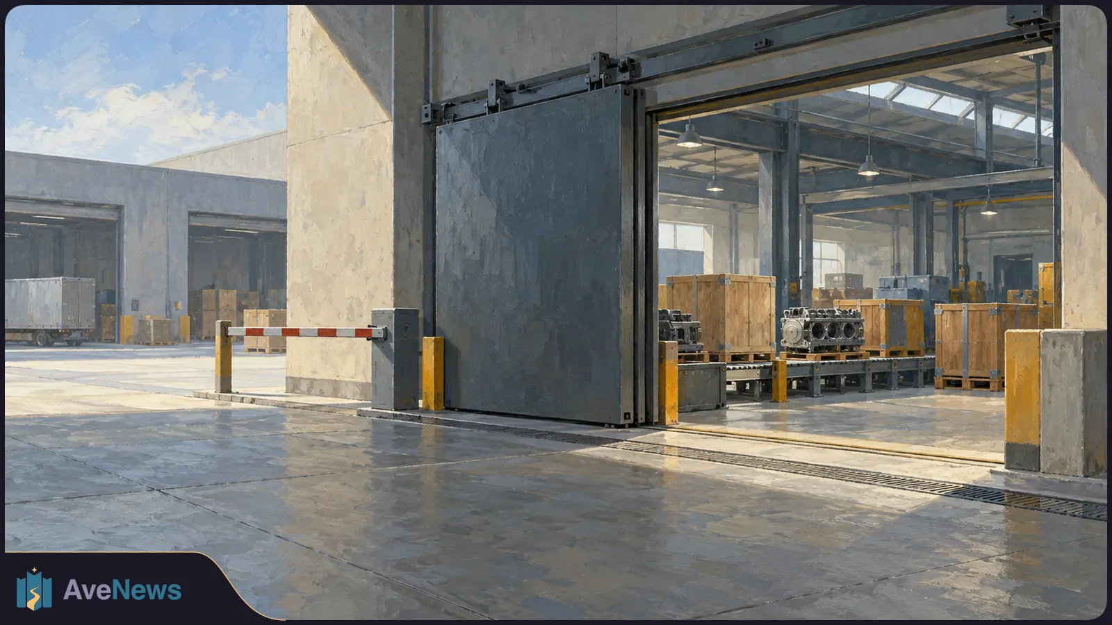 Painted industrial warehouse entrance with a large sliding door, wooden crates and machinery inside, and a lowered barrier across the driveway. SI illustration