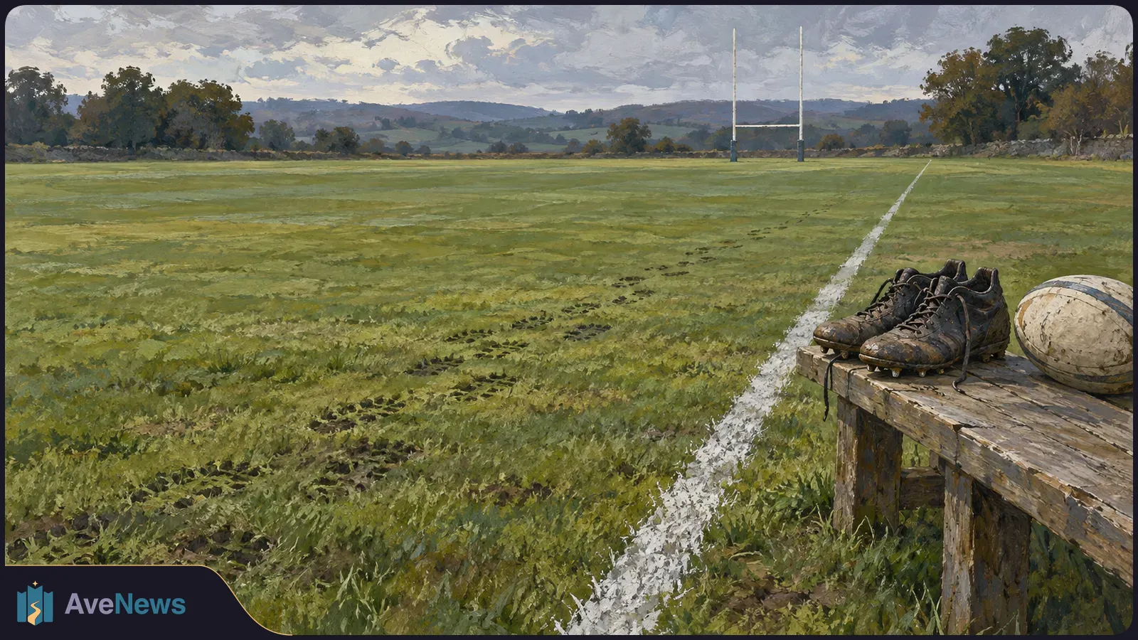 A painted rugby field under a cloudy sky, with goalposts in the distance and muddy boots and a rugby ball on a wooden bench by the touchline. SI illustration