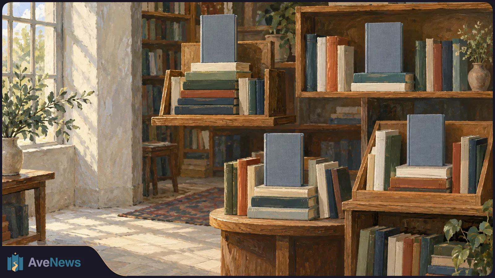 A sunlit, painterly room with stacks of unmarked books on wooden shelves and a table, and potted plants beside a window. SI illustration