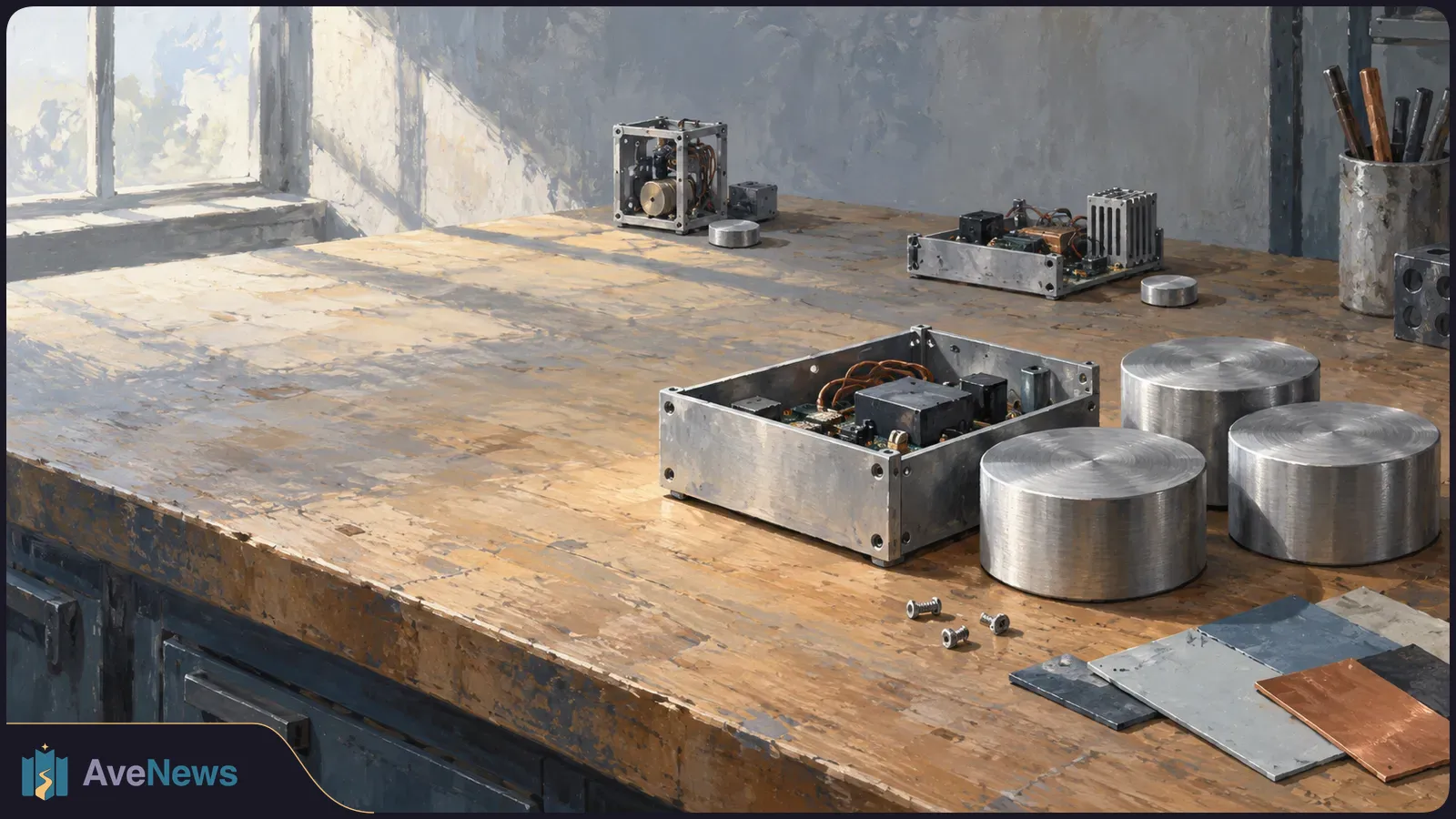 Painterly illustration of open metal electronics boxes, wiring and large steel cylinders on a sunlit wooden workbench. SI illustration