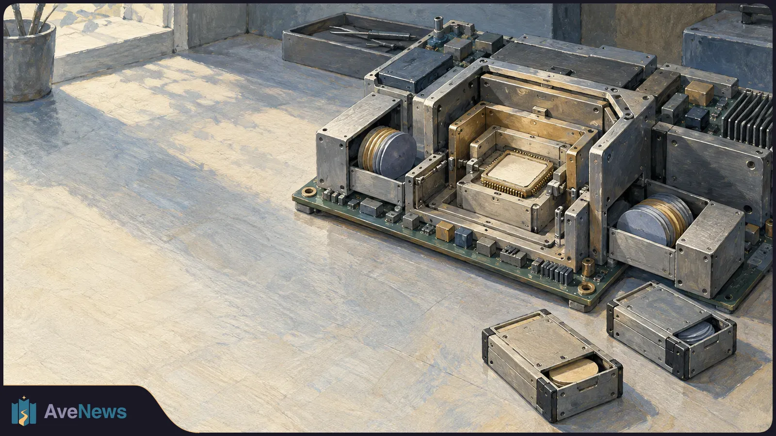Painted electronic assembly on a pale workbench, with an exposed central chip, metal housings, two cylindrical components and two small boxes in front. SI illustration