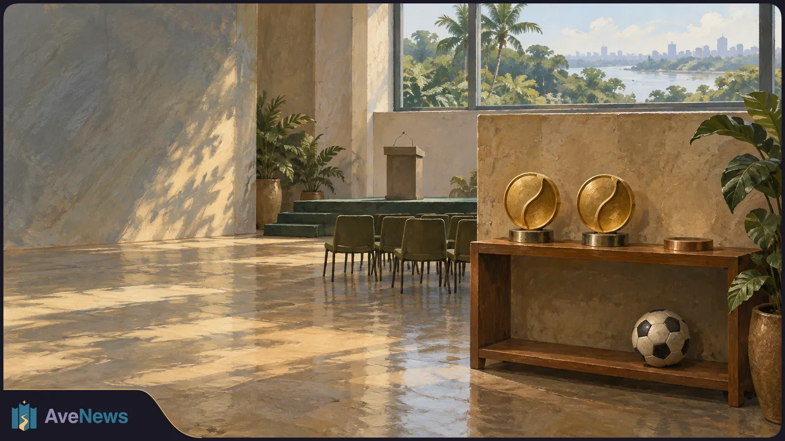 Sunlit illustrated hall with rows of chairs, two gold circular trophies and a soccer ball on a wooden shelf; palm trees and a distant skyline show through the windows. SI illustration