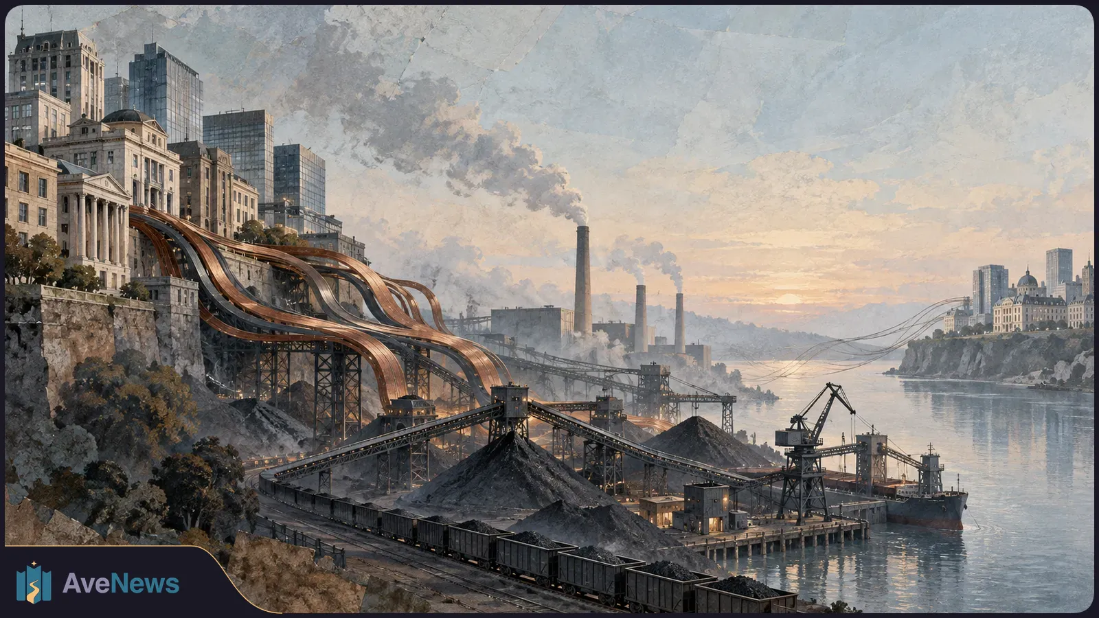 Painted coal port with dark stockpiles, conveyors, rail wagons and a cargo ship beneath smoking chimneys, with a city across the water. SI illustration