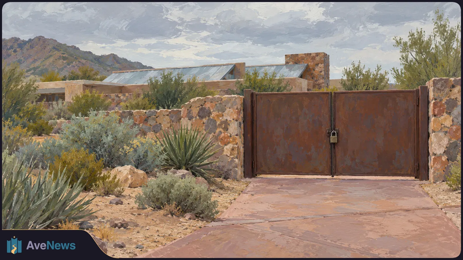 Painted desert scene with a locked metal gate between stone walls, a low building with sloped glass roofs, shrubs and mountains beneath a cloudy sky. SI illustration