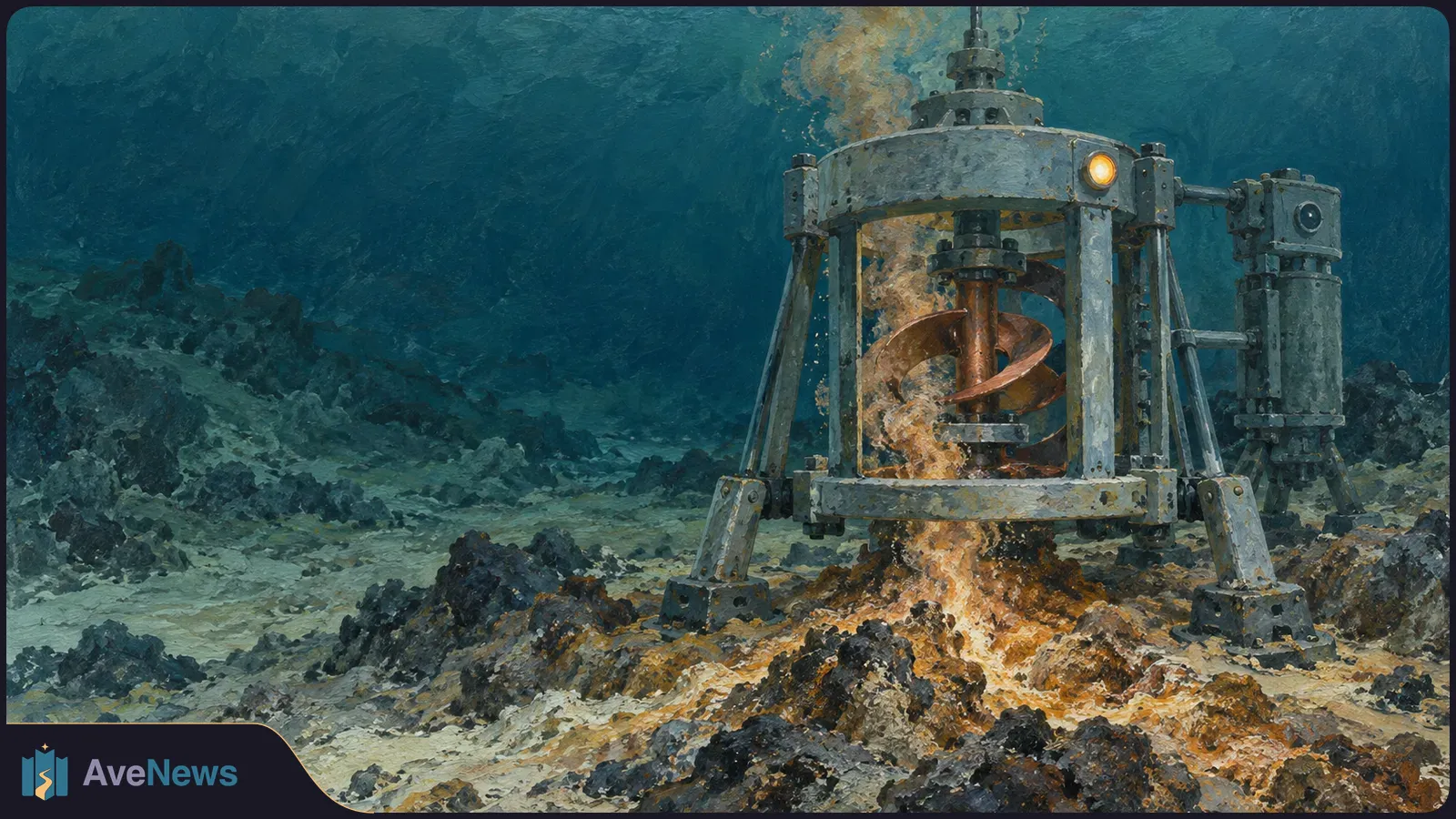 Painted underwater scene of a metal device on legs over an orange vent plume, with a spiral shaft inside and a cylindrical unit beside it on the rocky seabed. SI illustration
