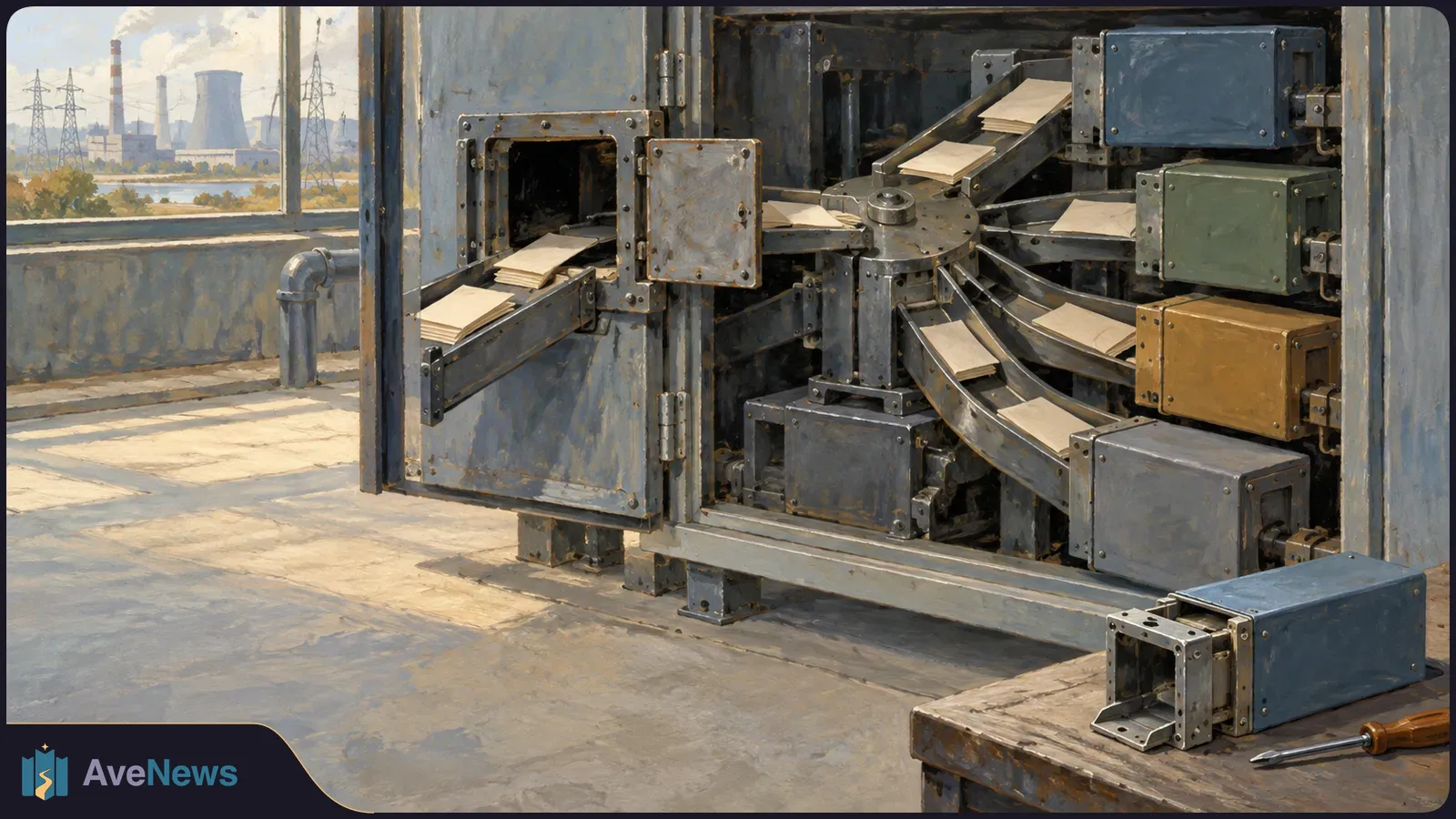 Painterly illustration of an open sorting machine carrying blank paper along several chutes. A detached metal module and screwdriver sit nearby, with a power plant visible outside. SI illustration
