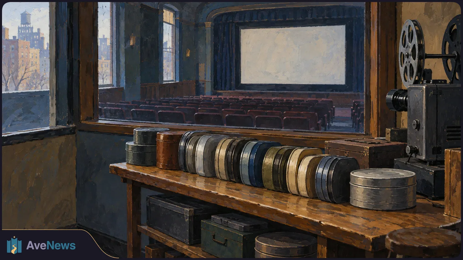 Painted view from a projection booth: film reels and canisters sit beside a projector, overlooking rows of empty cinema seats and a blank screen. SI illustration