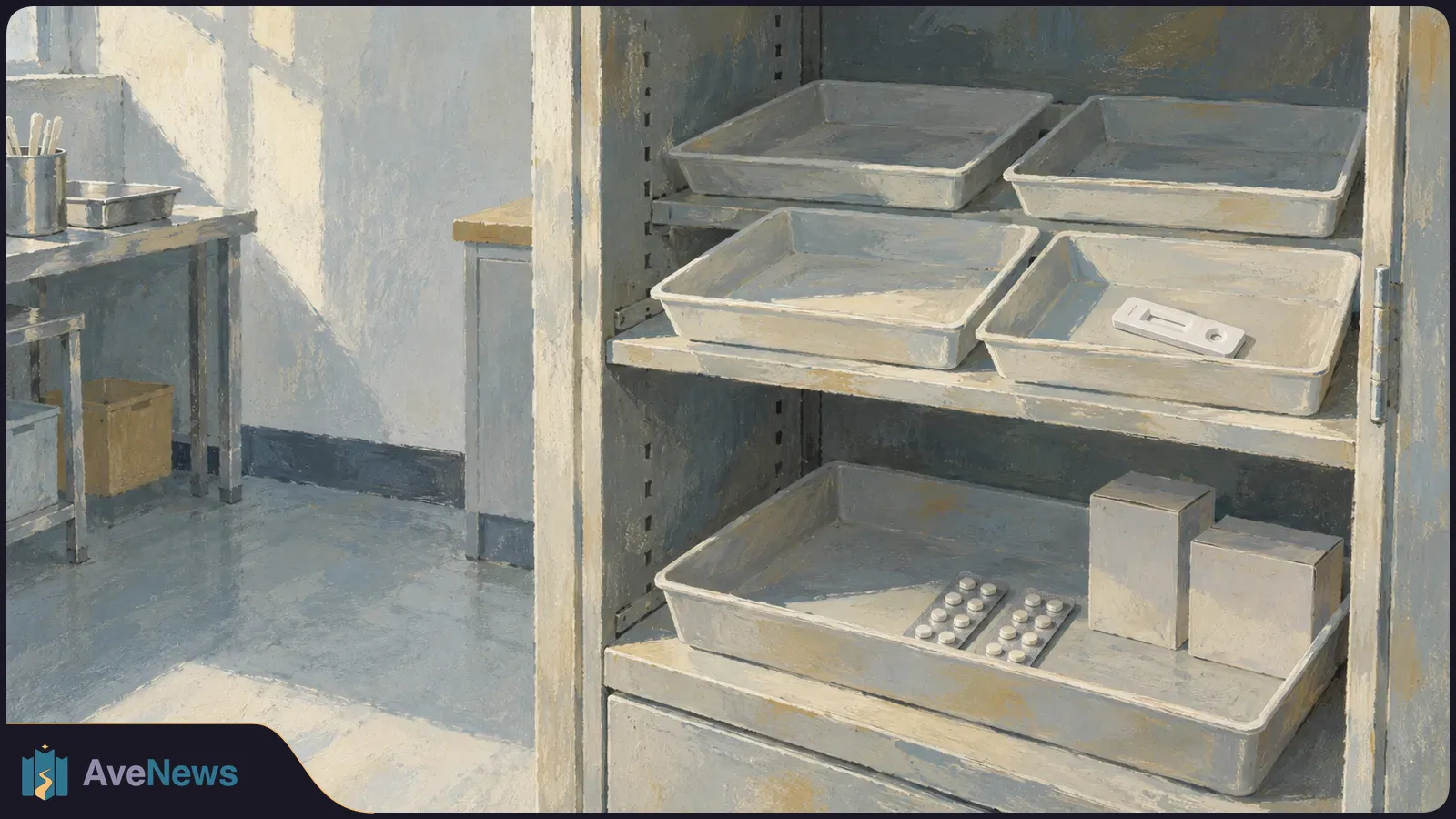Painted shelves hold mostly empty supply trays, with one rapid-test cassette, two pill blister packs and a few plain boxes. SI illustration