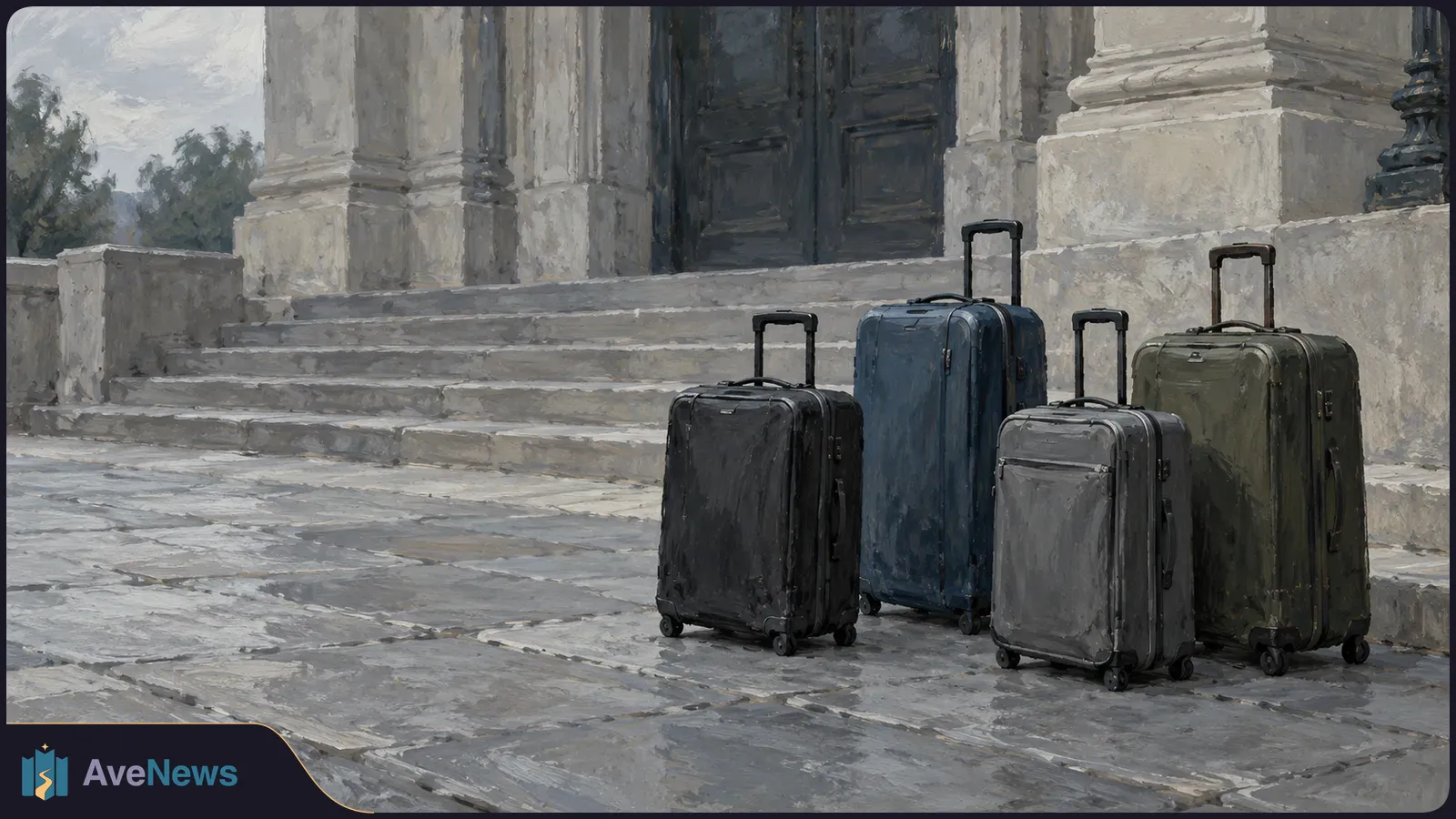Painted illustration of four wheeled suitcases on a stone pavement beside steps leading to dark double doors. SI illustration