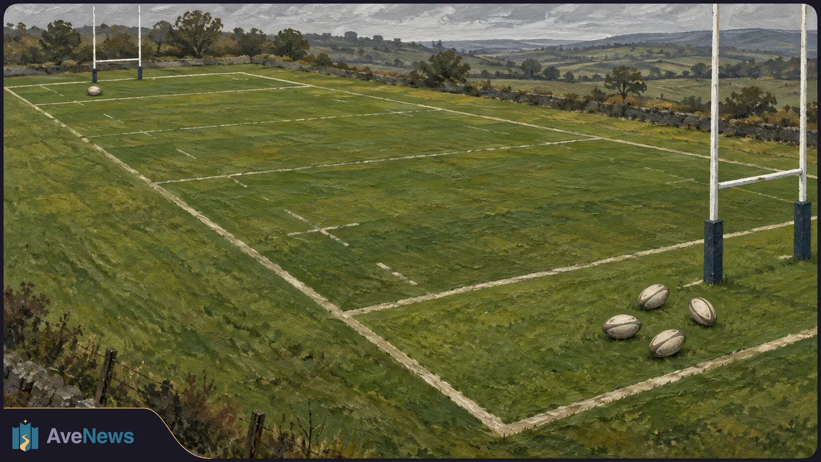 Painted view of an empty rugby field with white markings and goalposts at both ends. Four rugby balls lie near the foreground posts, with hills beyond. SI illustration