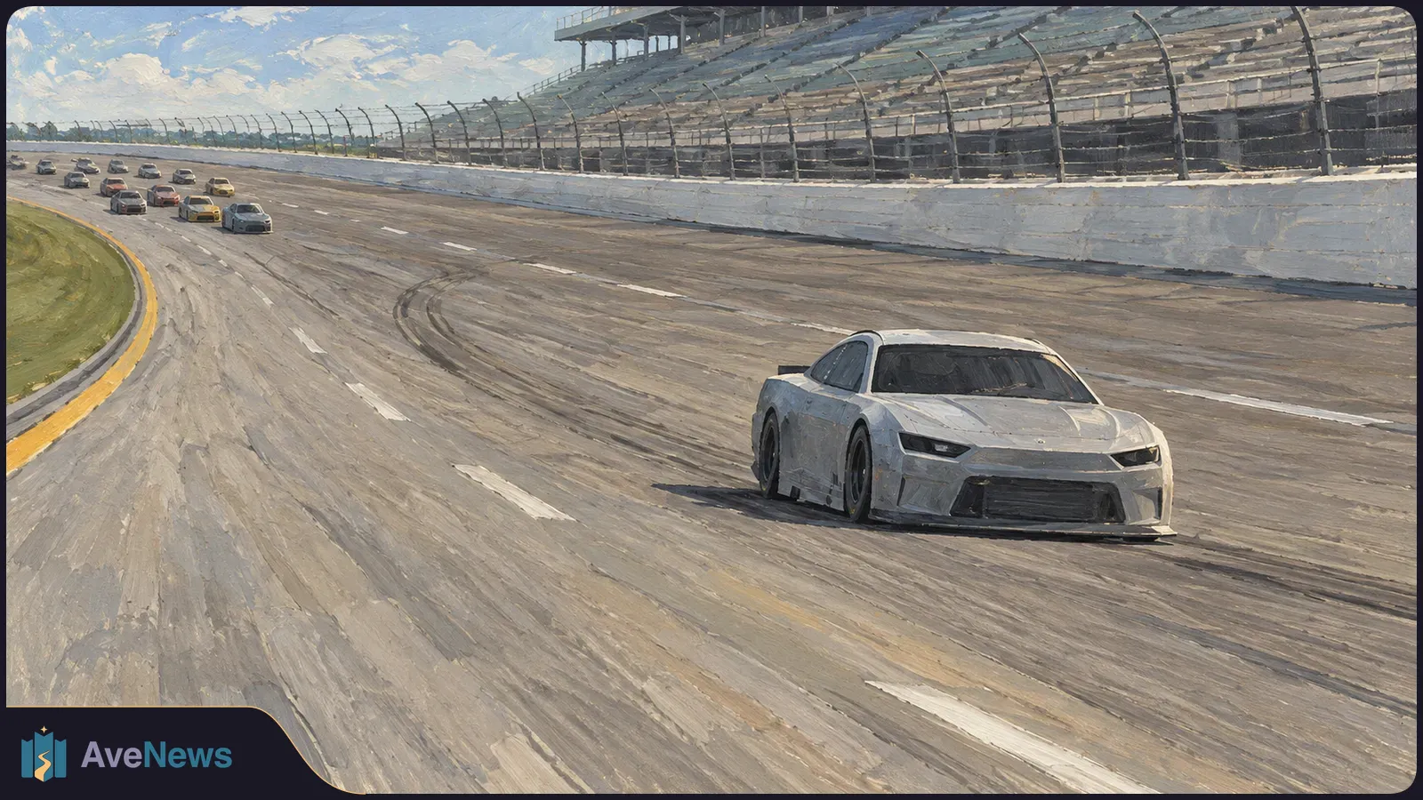 A painted scene of a white race car leading several cars around a banked track, with empty grandstands behind a safety fence. SI illustration