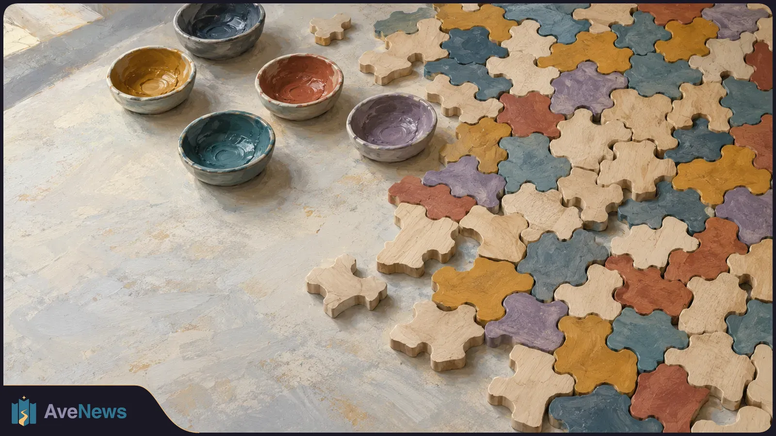 Paint bowls sit beside an unfinished arrangement of interlocking wooden pieces, some painted in several colours and others left bare. SI illustration