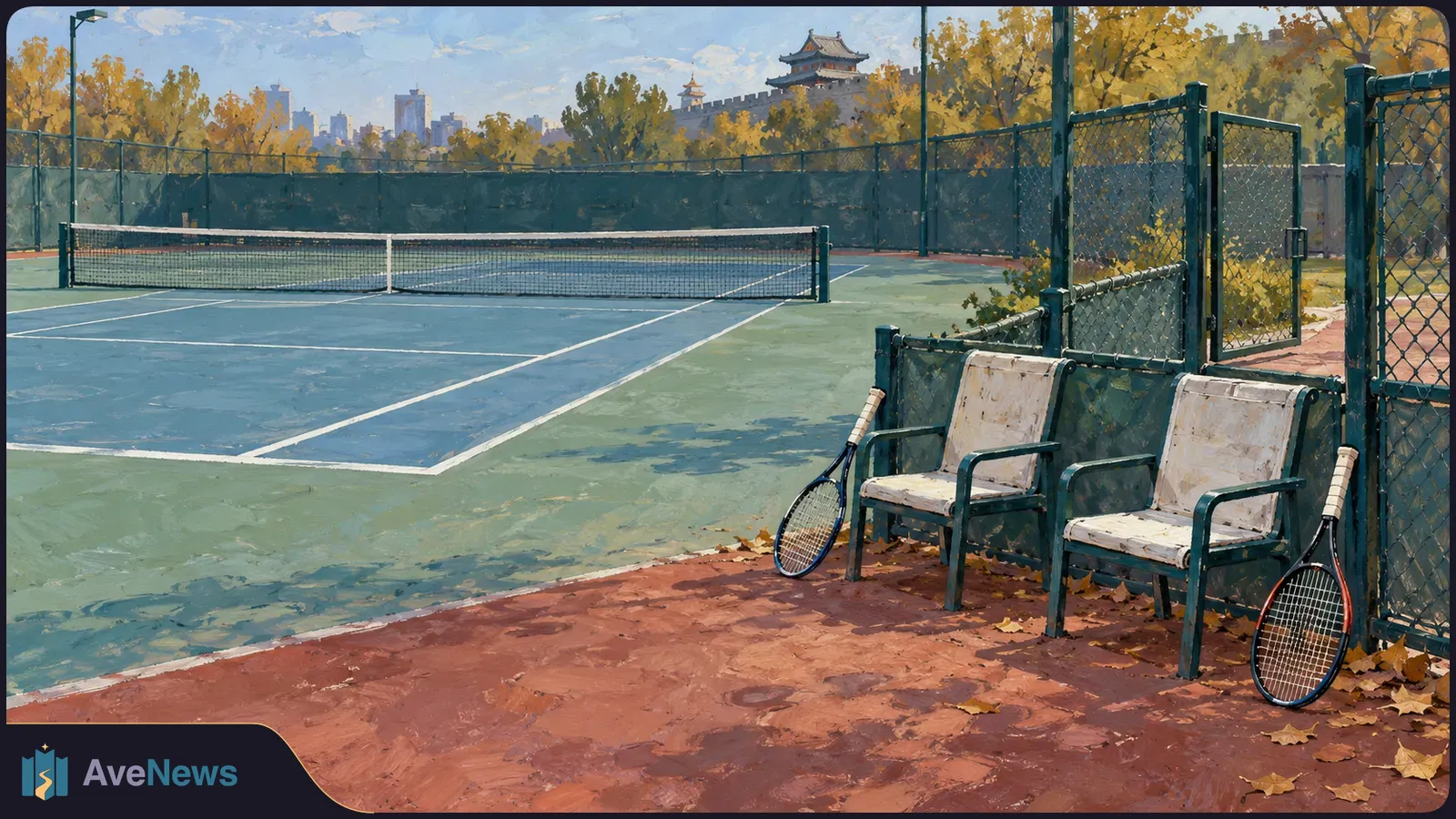 Painted empty tennis court with two chairs and rackets by the fence, autumn trees, and a Chinese-style building in the distance. SI illustration