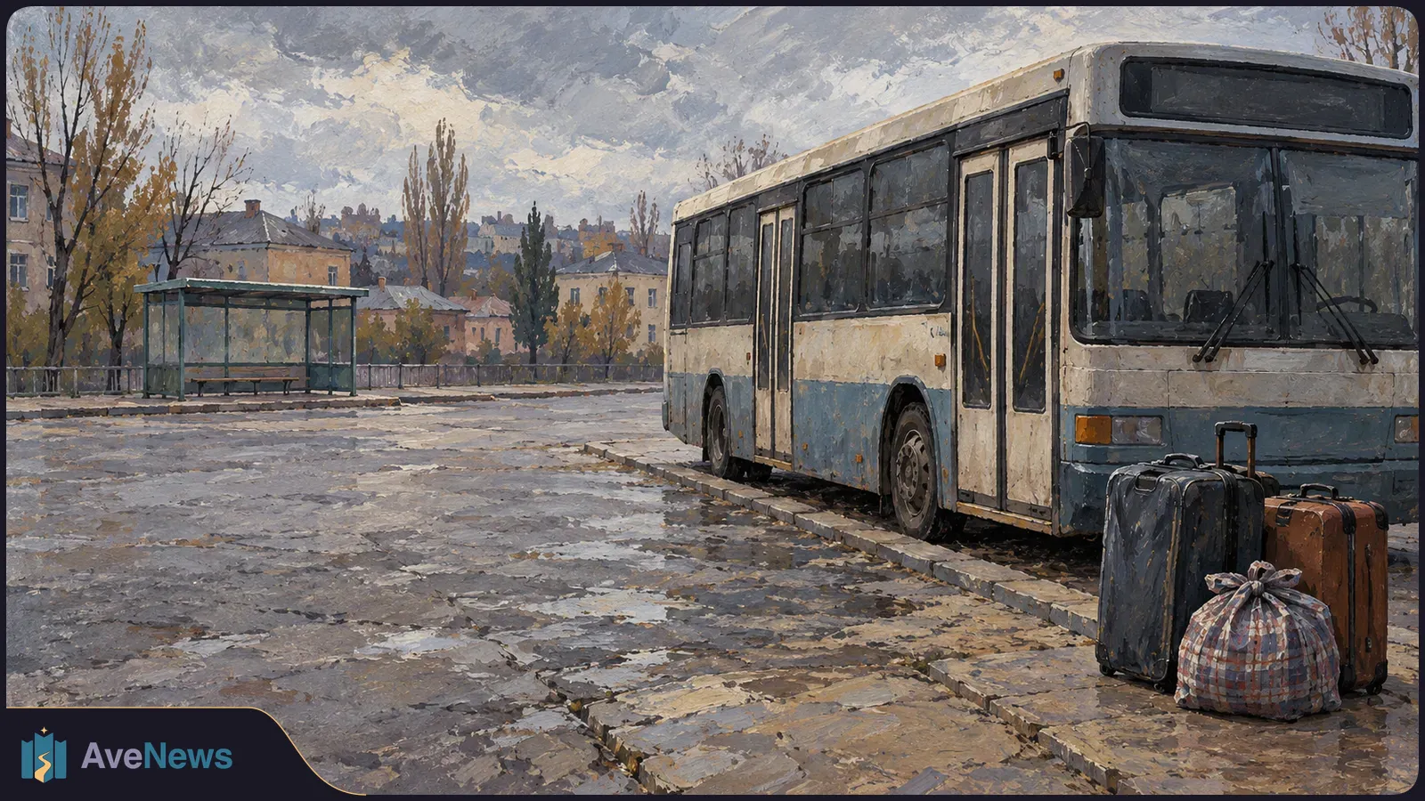 Painterly illustration of a bus parked beside an empty stop on a gray, uneven street. Two suitcases and a patterned bag stand by the curb under a cloudy sky. SI illustration