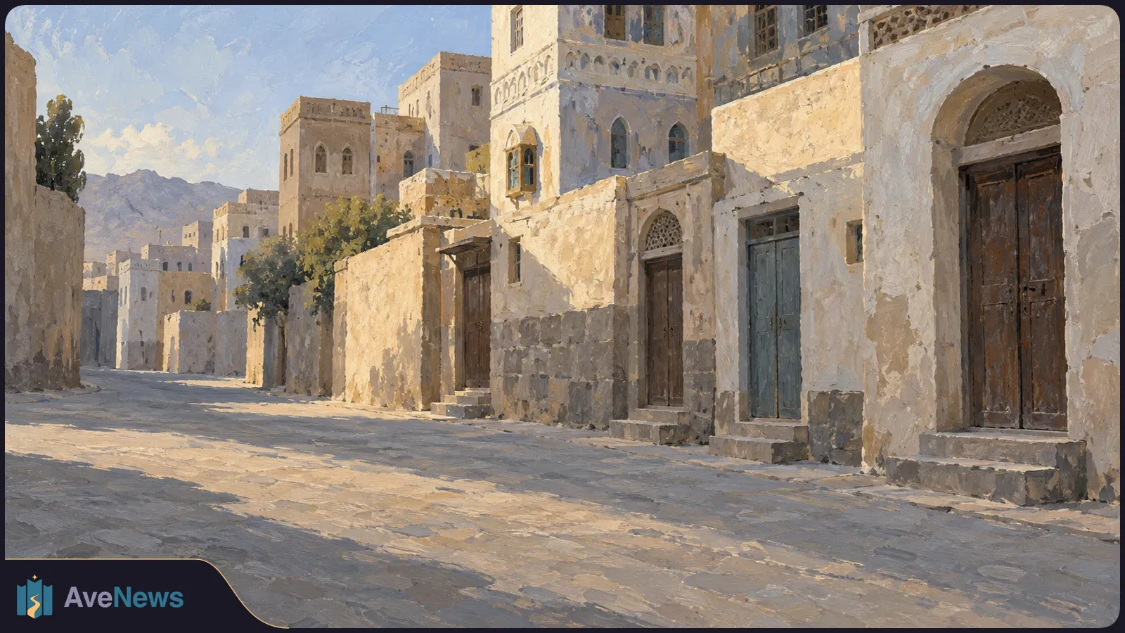 Illustration of an empty sunlit stone street lined with pale buildings and wooden doors, with mountains in the distance. SI illustration