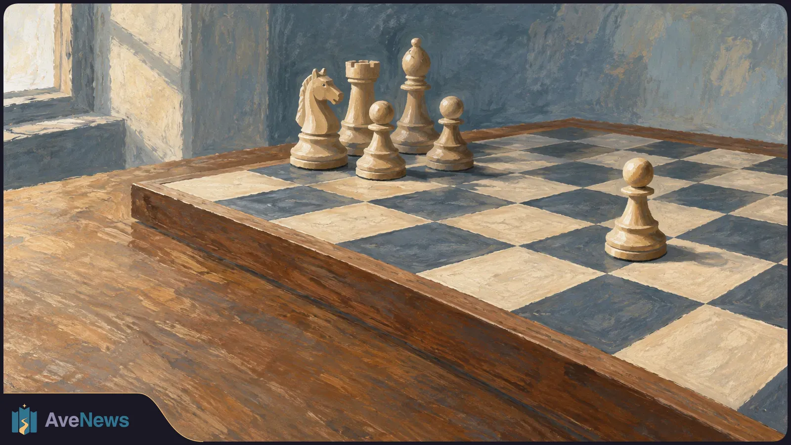 A painted chessboard with several light-colored pieces on a wooden table beside a sunlit window. SI illustration