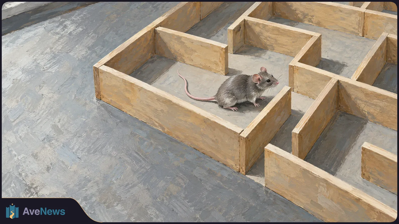 A gray mouse stands inside a wooden maze on a gray floor, surrounded by low wooden walls. SI illustration