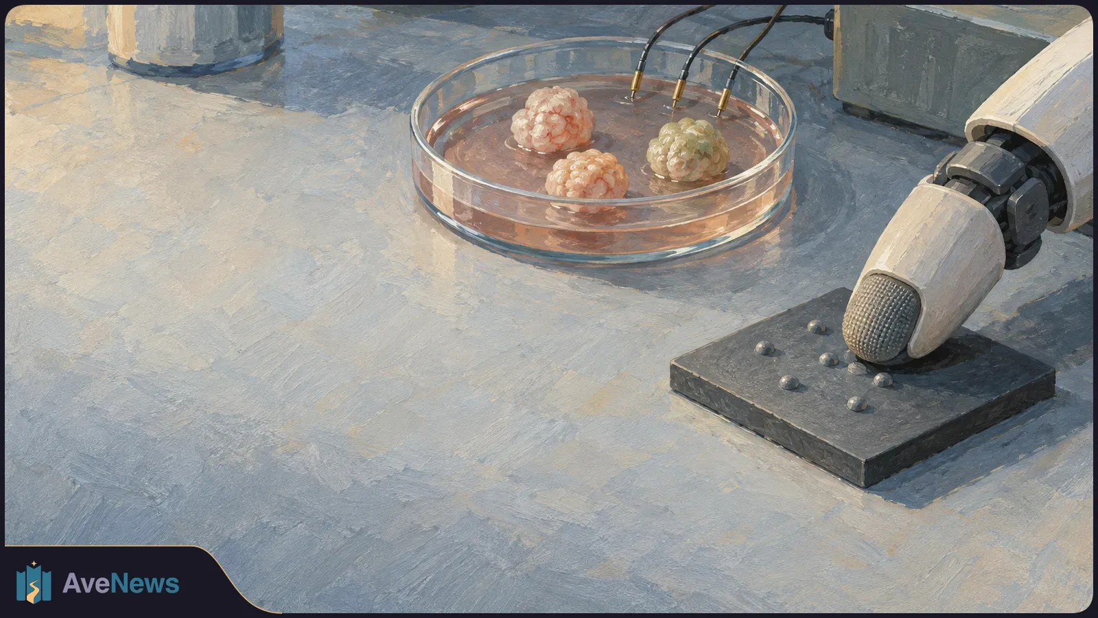 Painted lab scene with three small tissue-like clusters in a glass dish beneath probes, beside a robotic fingertip touching raised dots. SI illustration