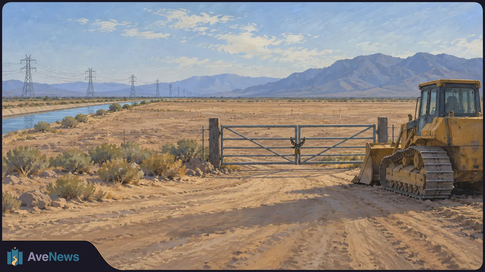 Illustration of a chained metal gate across a dirt road, with a yellow bulldozer beside it, a canal and power lines to the left, and mountains in the distance. SI illustration