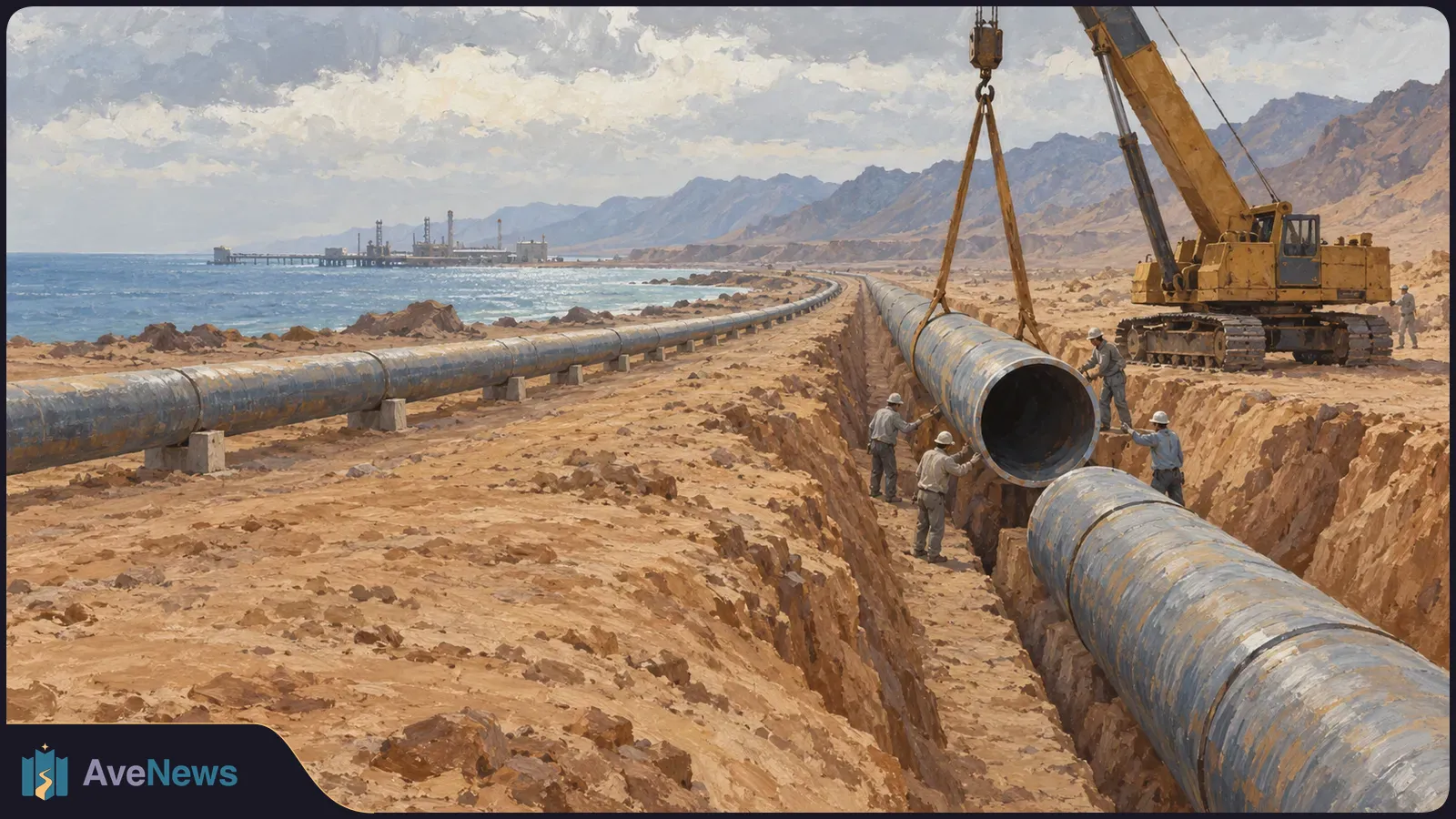 Painted coastal construction scene: a crane lowers a large pipe into a trench as workers guide it; another pipeline runs beside the sea, with mountains behind. SI illustration