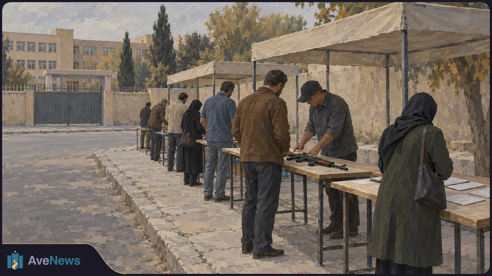 Painted scene of people standing at tables beneath outdoor canopies; a man handles rifles on one table, with a walled building and trees behind them. SI illustration