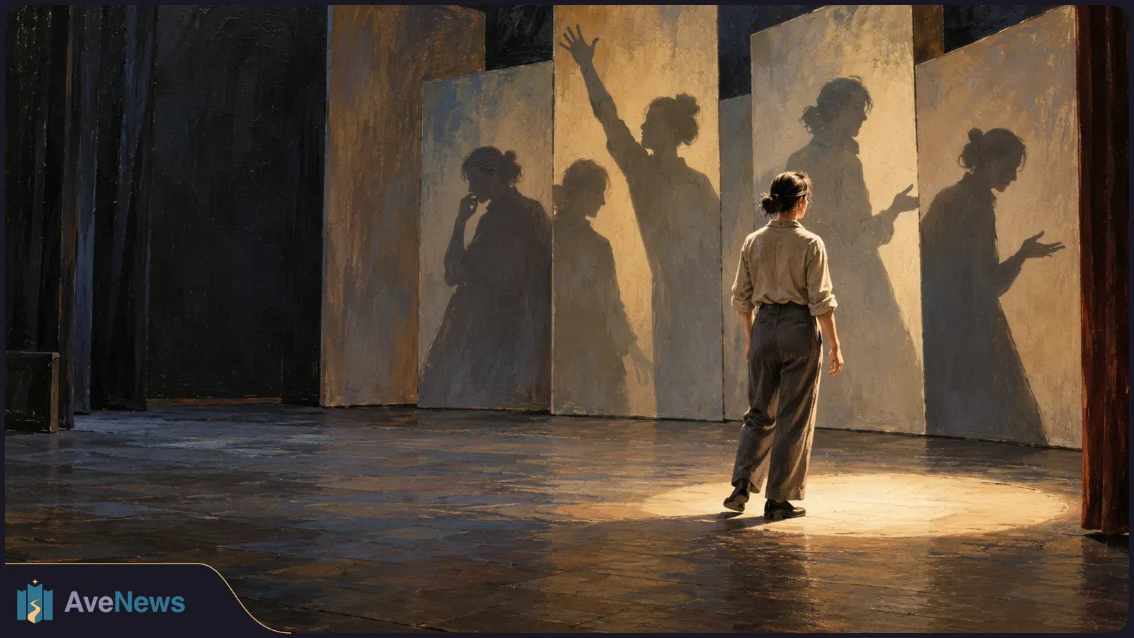 A lone performer stands on a warmly lit stage before tall panels bearing silhouettes of people in different poses. SI illustration