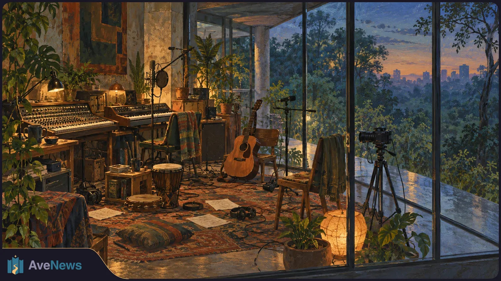 Painterly recording studio with a mixing desk, keyboard, microphones, guitar and drums. A camera on a tripod stands by tall windows overlooking trees and a dusk skyline. SI illustration